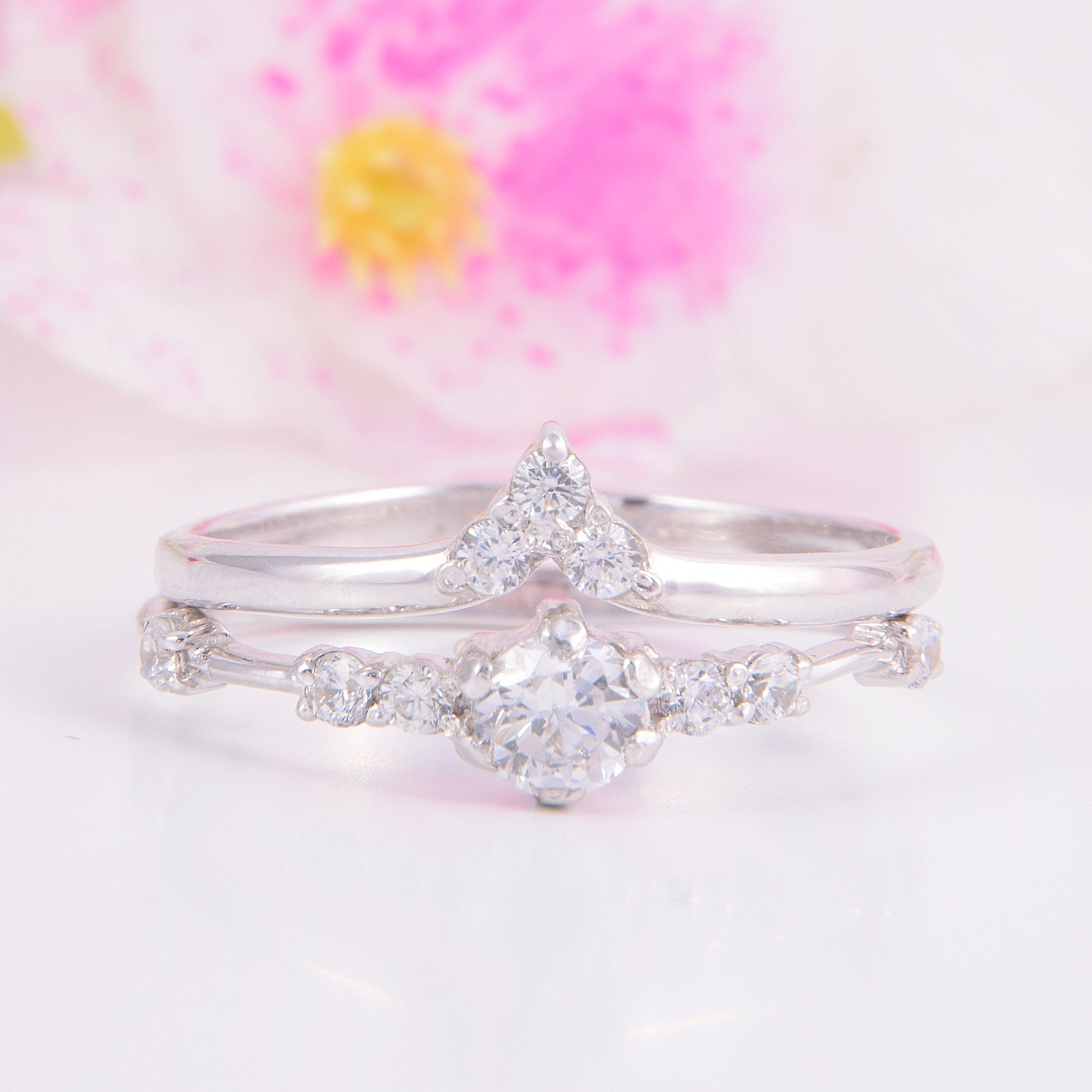 White gold wedding rings set Gold bridal rings set 14k Etsy