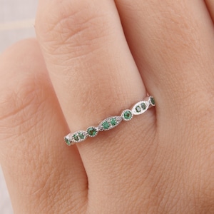 14k solid white gold small & dainty art deco half eternity emerald wedding band for her, Unique antique style womens wedding band