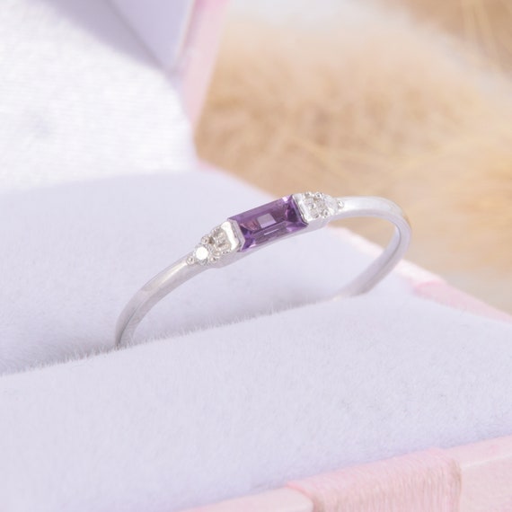 Dainty 925 sterling silver baguette amethyst promise ring for her, Women minimalistpurple amethyst engagement ring, February birthstone
