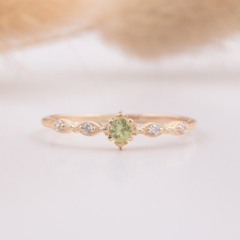 14k yellow gold antique victorian peridot minimalist engagement ring, Delicate & small peridot promise ring for her, Anniversary gift ring image 1