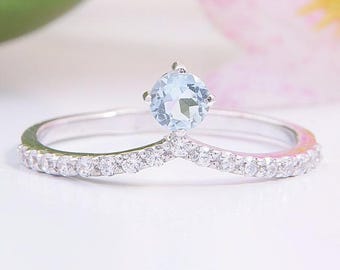 Aquamarine Chevron Wedding Band, Sterling Silver March Birthstone Curved Stacking Ring for Her