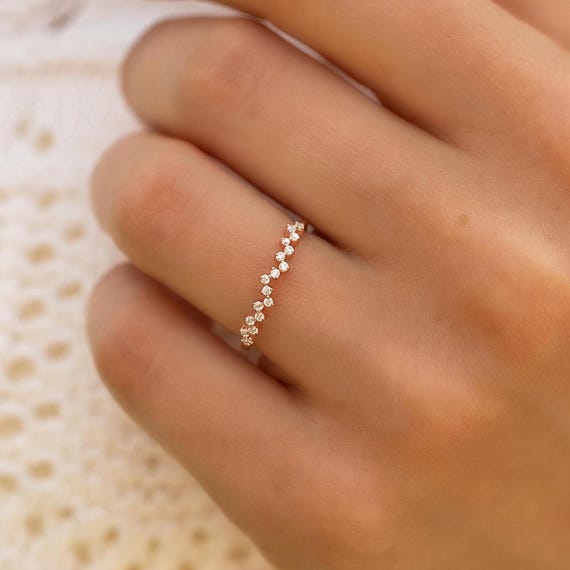 Unique 14K Rose Gold Cubic Zirconia Ring, Dainty CZ Cluster Ring