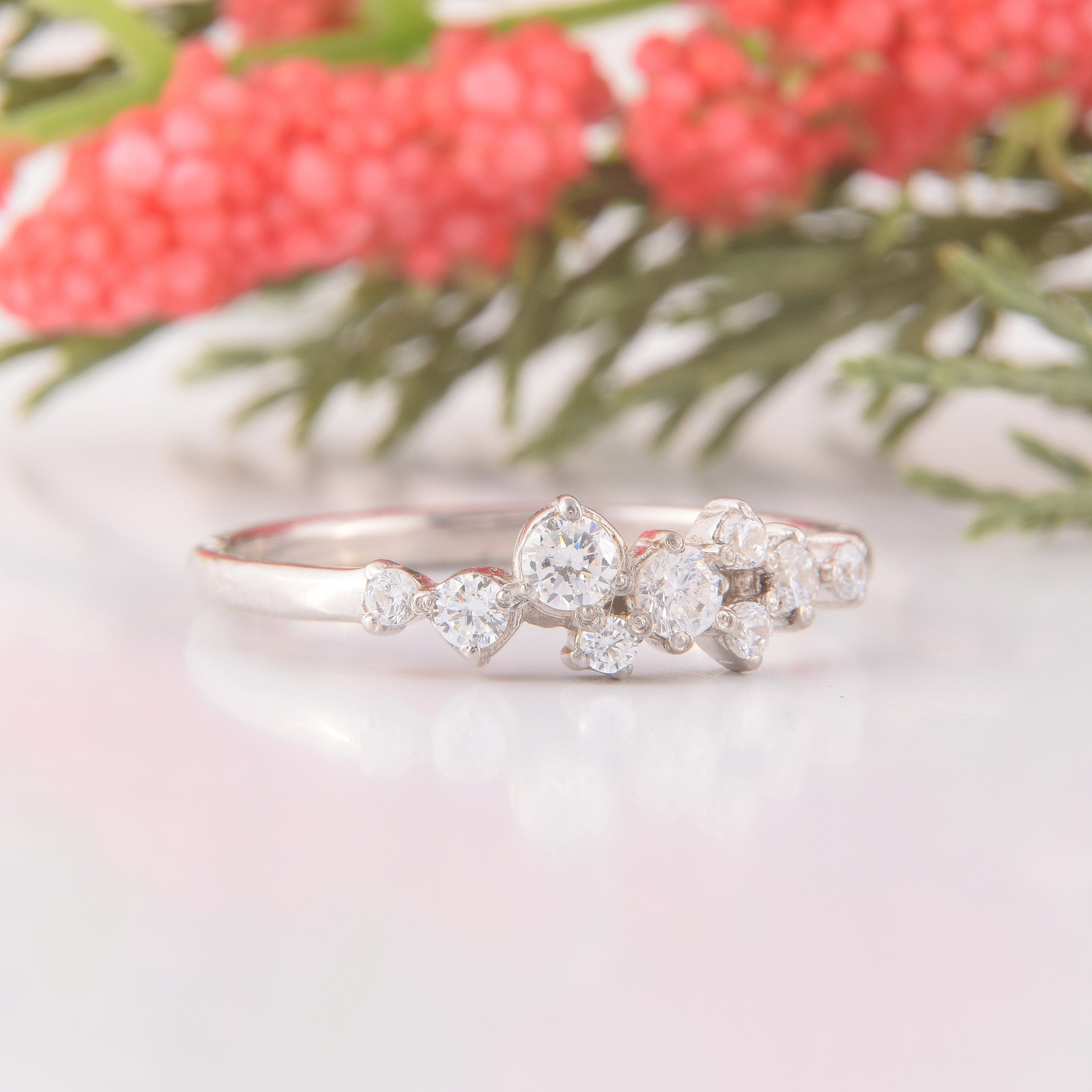 14k White Gold Cluster Wedding Band, Unique Womens Wedding Band 14k White Gold Cluster Wedding Band, Unique Womens Wedding Band