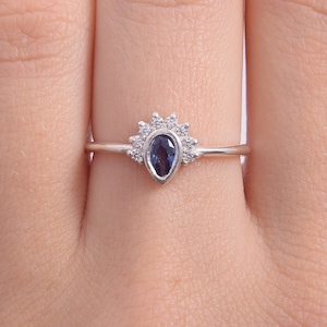 Blue sapphire womens engagement ring, Pear engagement ring, Womens sapphire promise ring, Dainty promise ring, Sterling silver ring for her