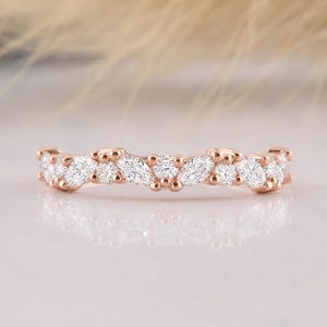 Dainty Marquise CZ Wedding Band, 14k Rose Gold Alternating Half Eternity Stacking Ring