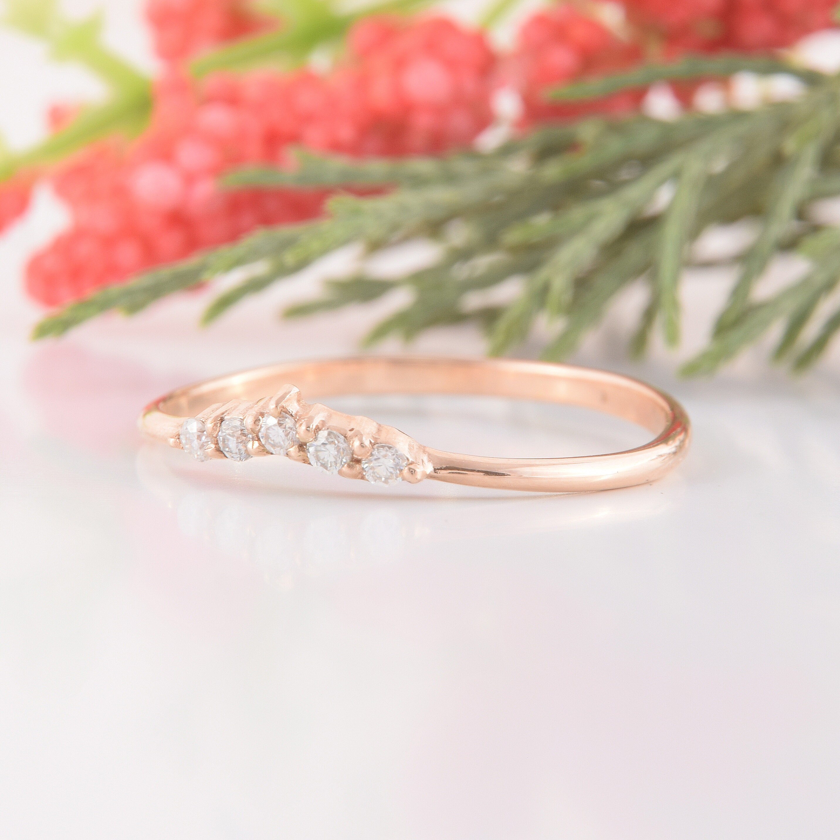 Rose Gold Small Dainty Curved Wedding Band for Women, Minimalist