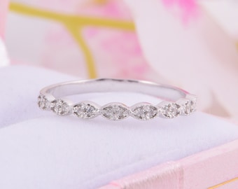 Sterling silver half eternity womens wedding band,Small delicate art deco wedding band,Unique small white cz wedding band,Dainty womens band