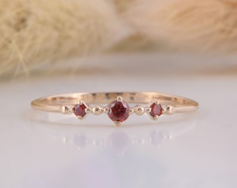 Minimalist small & dainty 14k rose gold 3 stone garnet promise ring for her, Unique delicate womens garnet engagement ring,Gift for her ring