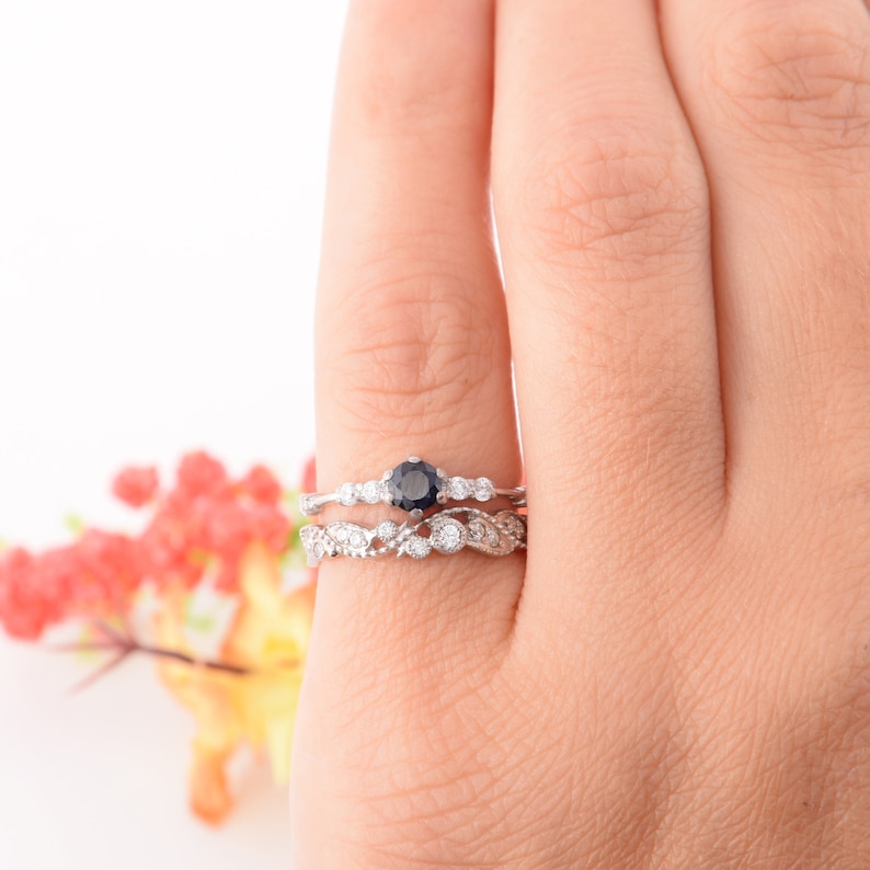 Wedding rings set Women rings set Tiny rings set Black stone ring Black cz rings Elegant rings Promise rings set Silver rings set