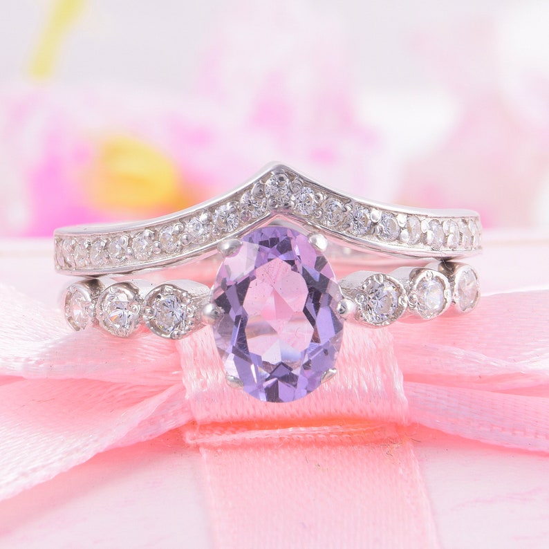 Wedding rings set Bridal rings set Antique rings set Women wedding ring Art deco rings set Unique bridal set Amethyst ring