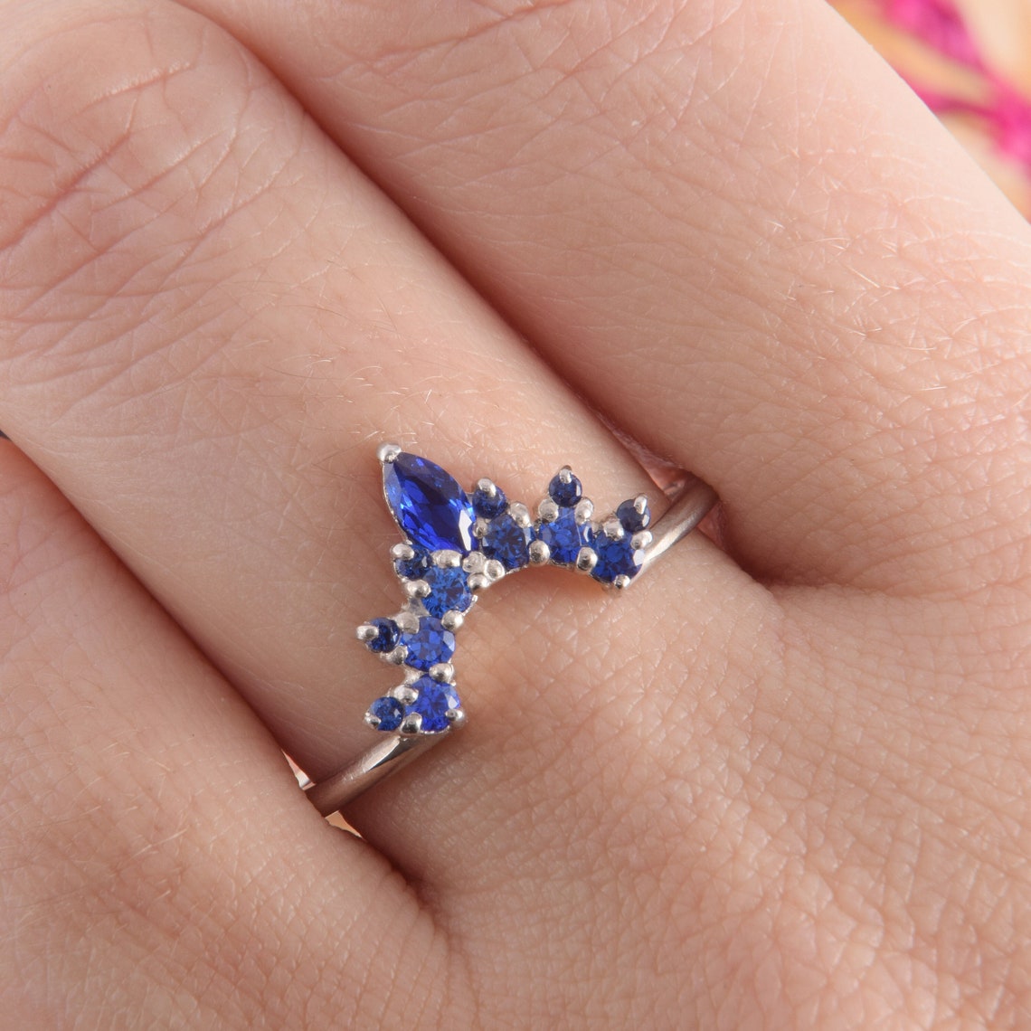Unique Sapphire Curved Wedding Band Crown Wedding Band - Etsy