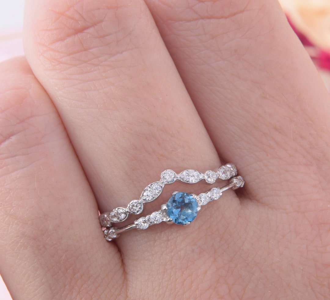 Small & Dainty Blue Topaz Womens Wedding Rings Set, Unique Sterling ...