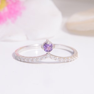 Womens Amethyst Curved Wedding Band in Sterling Silver, Amethyst Jewelry, V wedding band, Chevron wedding band