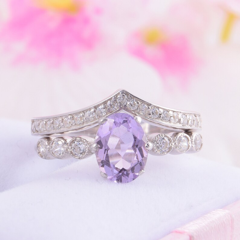 Wedding rings set Bridal rings set Antique rings set Women wedding ring Art deco rings set Unique bridal set Amethyst ring