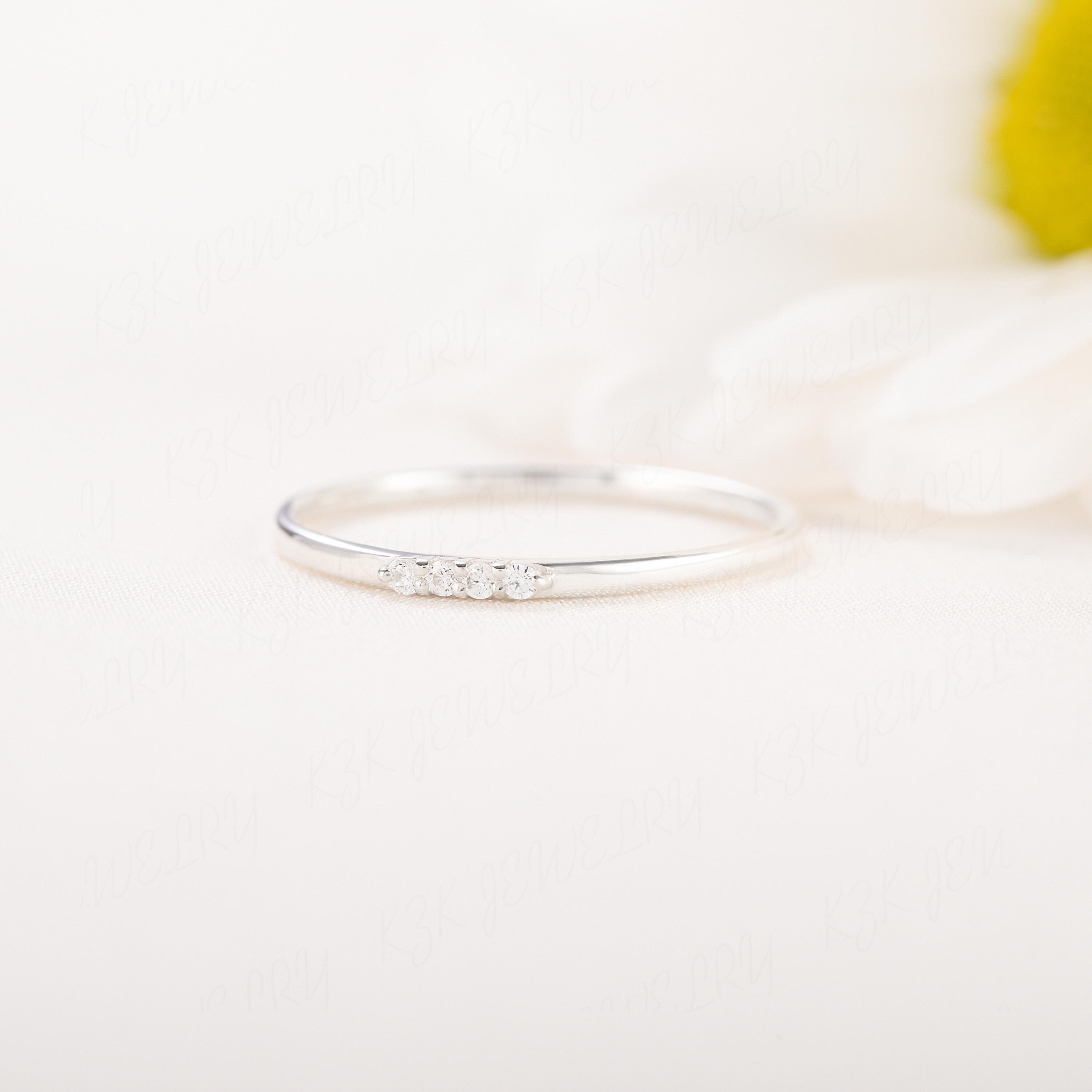Minimalist 14k white gold 4 stones pave diamond cz promise ring for her, Delicate tiny gold women wedding band, Simple cz stacking ring gold