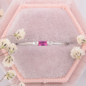 Dainty minimalist 14k solid white gold baguette ruby promise ring for her, Small tiny womens ruby engagement ring,Delicate ruby wedding ring