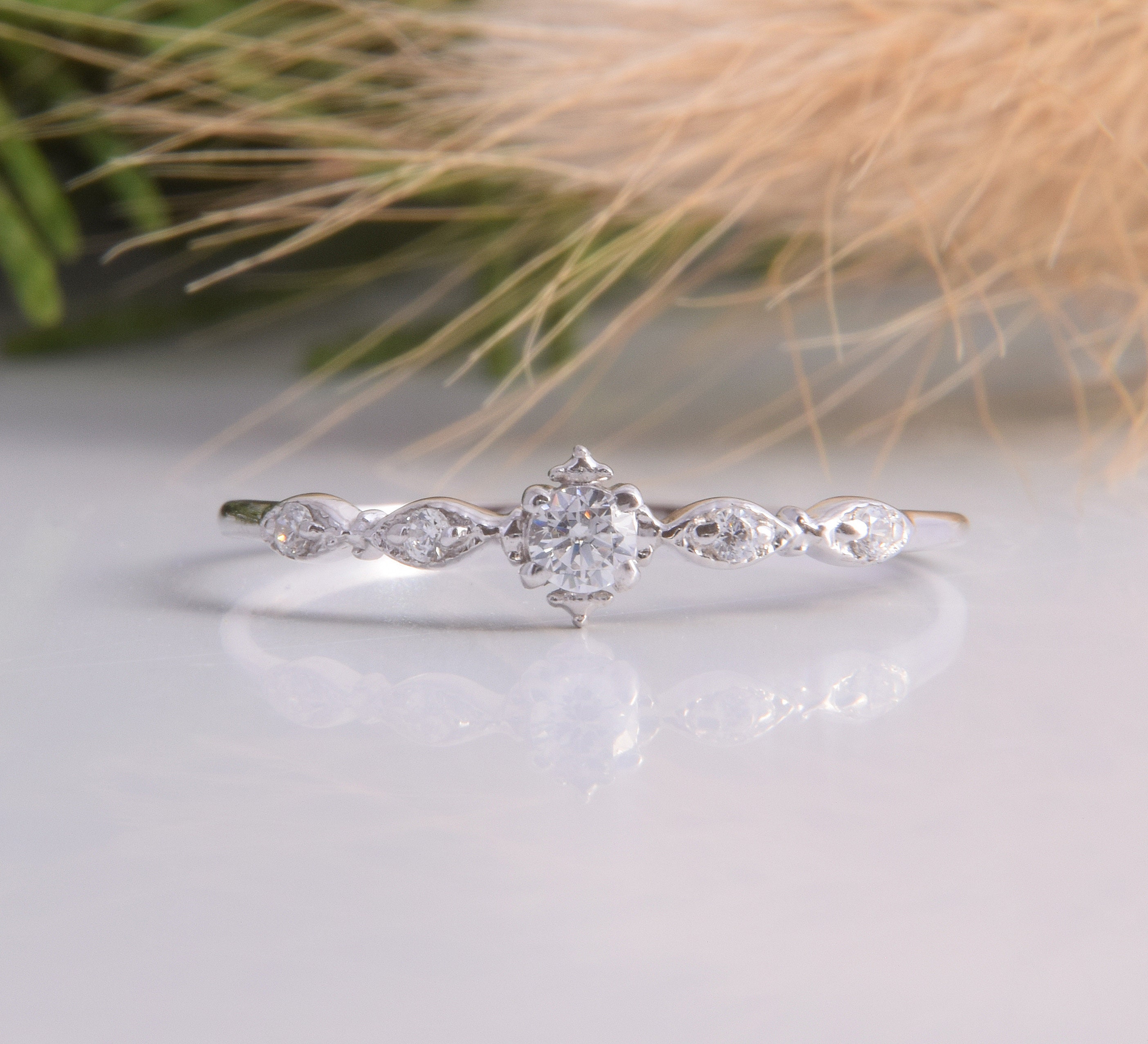 Minimalist Art Deco 14k White Gold Cubic Zirconia Promise Ring for Her ...