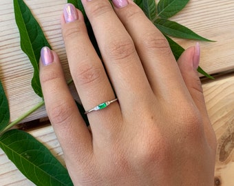 14k solid white gold emerald promise ring for her, Unique small & dainty womens promise ring, Womens emerald ring, Baguette cut emerald ring