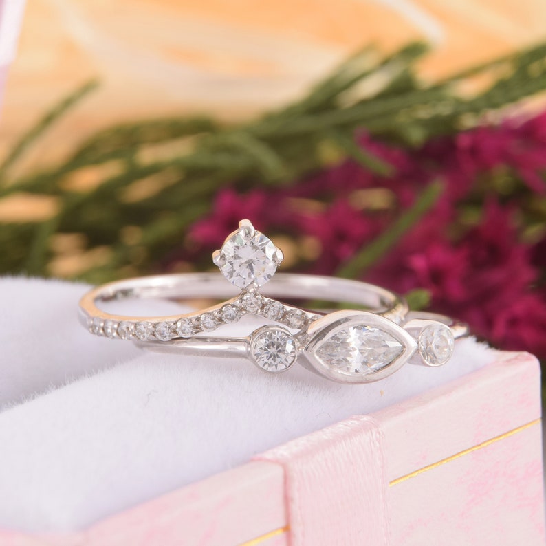 Womens Silver Wedding Rings Set Dainty Wedding Rings Set Etsy