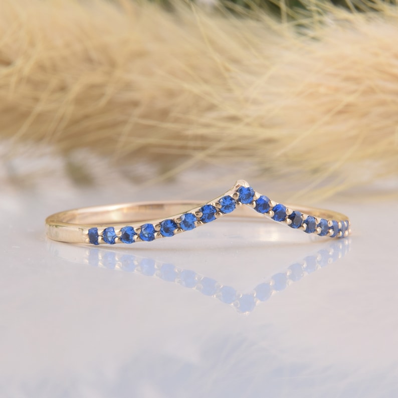 Unique small /& dainty V shaped curved sapphire wedding band Delicate minimalist 14k yellow gold blue sapphire womens chevron wedding band