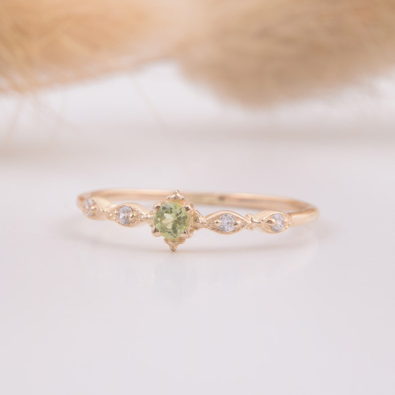 14k yellow gold antique victorian peridot minimalist engagement ring, Delicate & small peridot promise ring for her, Anniversary gift ring image 5