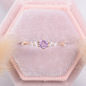 Dainty 14k rose gold amethyst promise ring for her, Unique small & delicate womens amethyst gold engagement ring, Gift for girlfriend ring
