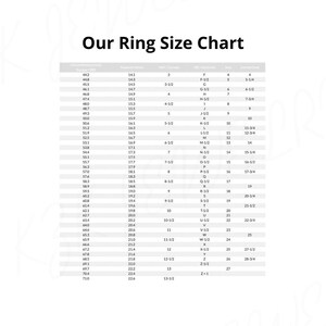 May include: A black and white ring size chart titled Our Ring Size Chart. The table displays columns for circumference in mm, diameter in mm, and ring sizes for USA/Canada, UK/Australia, Asia, and Switzerland, listing values from 44.2 to 71.0 mm.