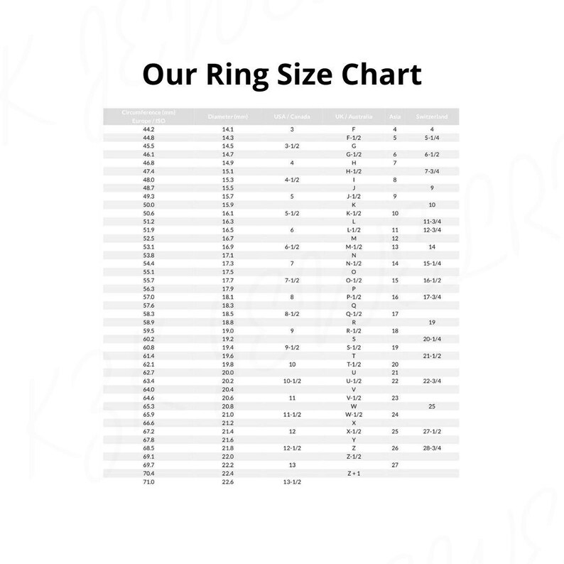 May include: A black and white ring size chart titled Our Ring Size Chart. The table displays columns for circumference in mm, diameter in mm, and ring sizes for USA/Canada, UK/Australia, Asia, and Switzerland, listing values from 44.2 to 71.0 mm.