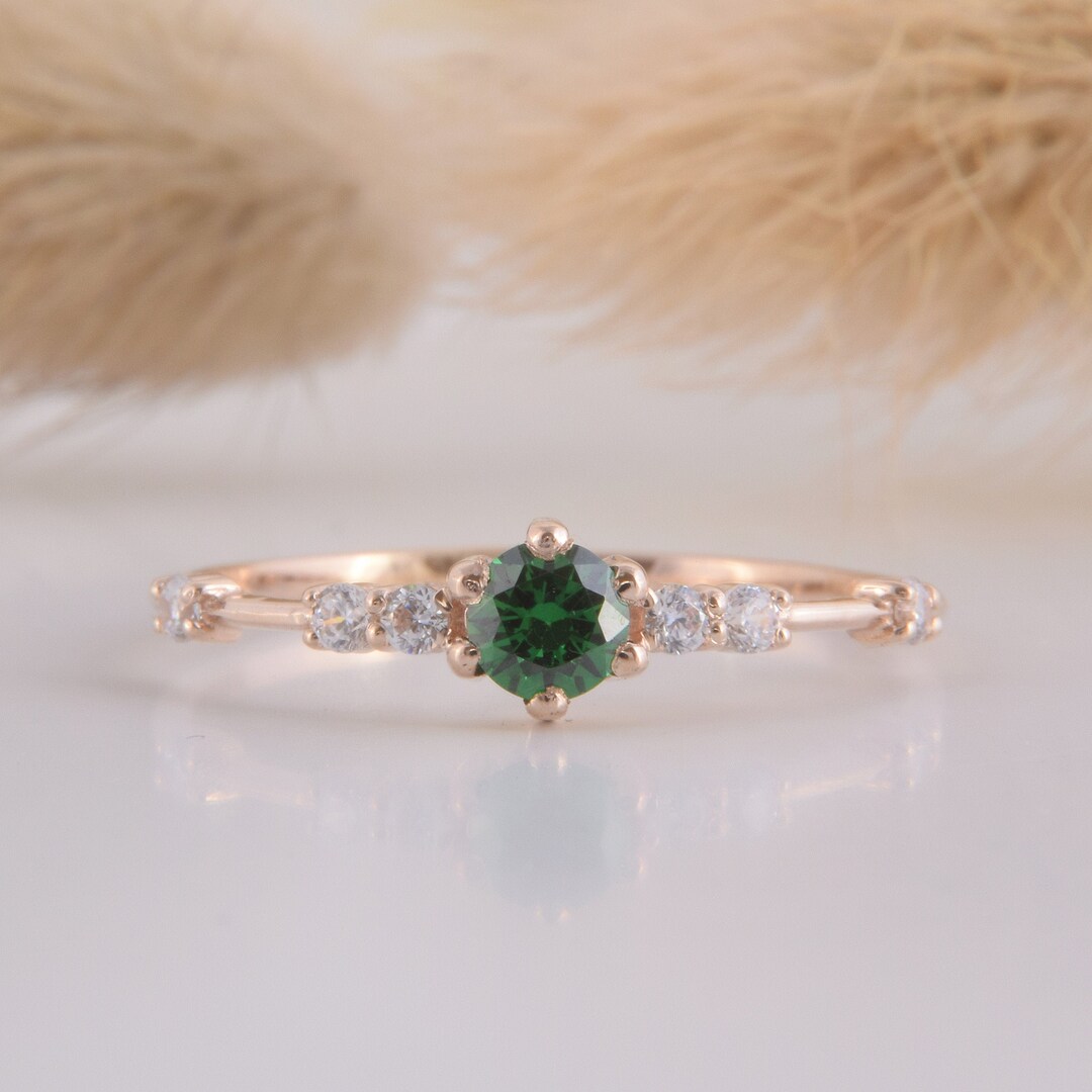 Womens 14k Rose Gold Dainty Emerald Promise Ring, Small & Delicate ...