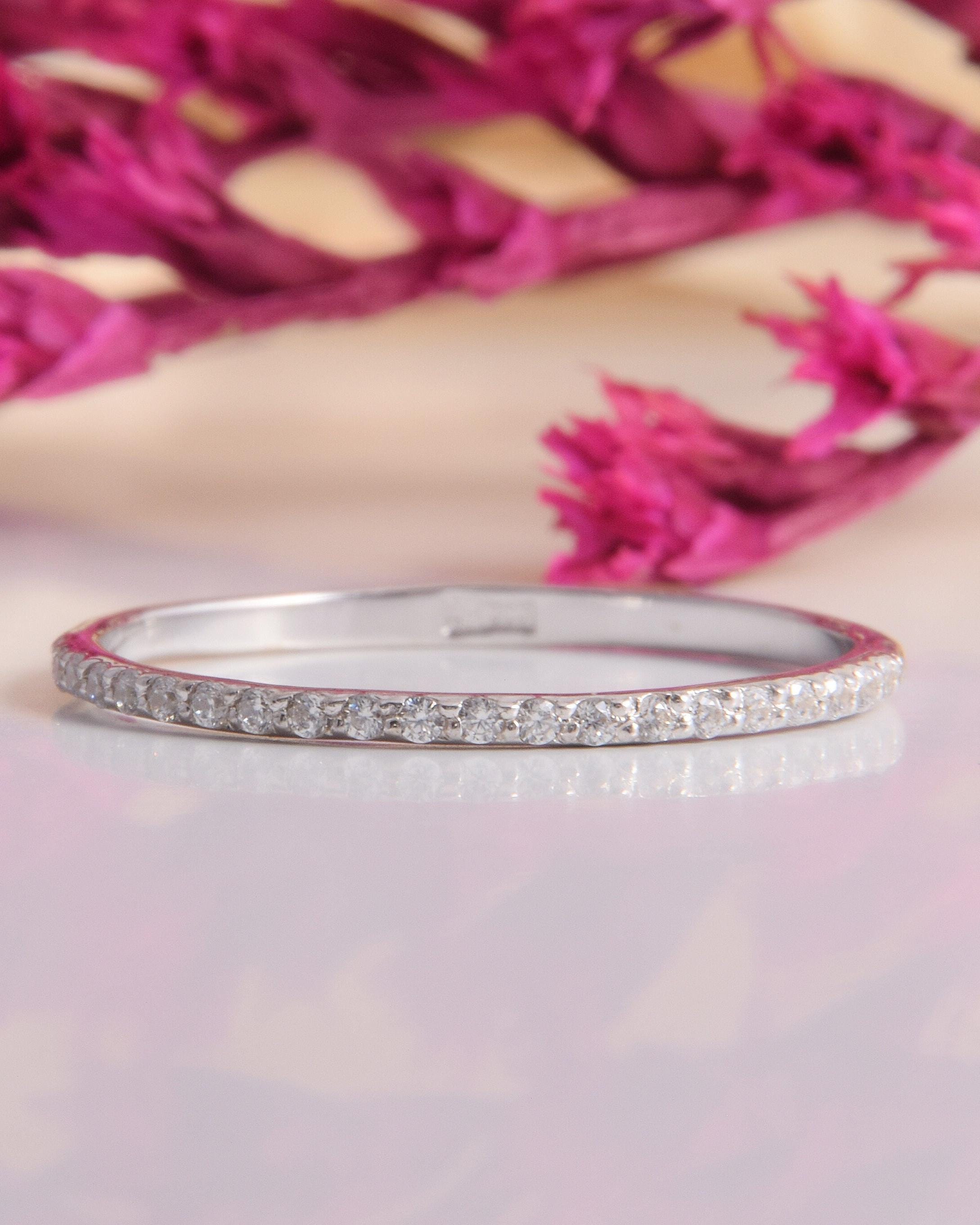 Minimalist Small 14k White Gold Half Eternity Pave Diamond Cz Wedding ...