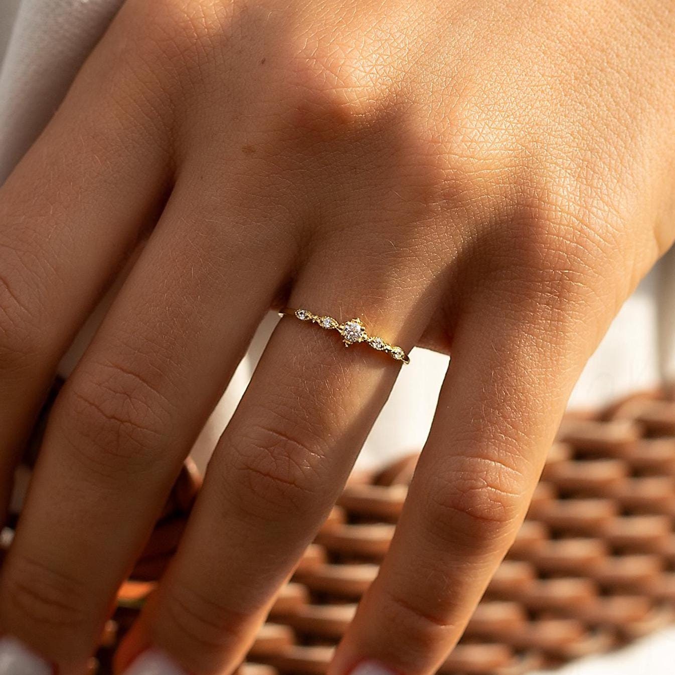 Unique minimalist 14k gold diamond cz promise ring for her, Dainty art deco small engagement ring, Delicate & elegant women promise ring