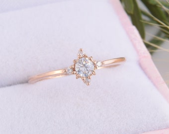 Art deco style 14k rose gold white cz promise ring for her,Dainty minimalist antique style womens gold engagement ring Anniversary gift ring