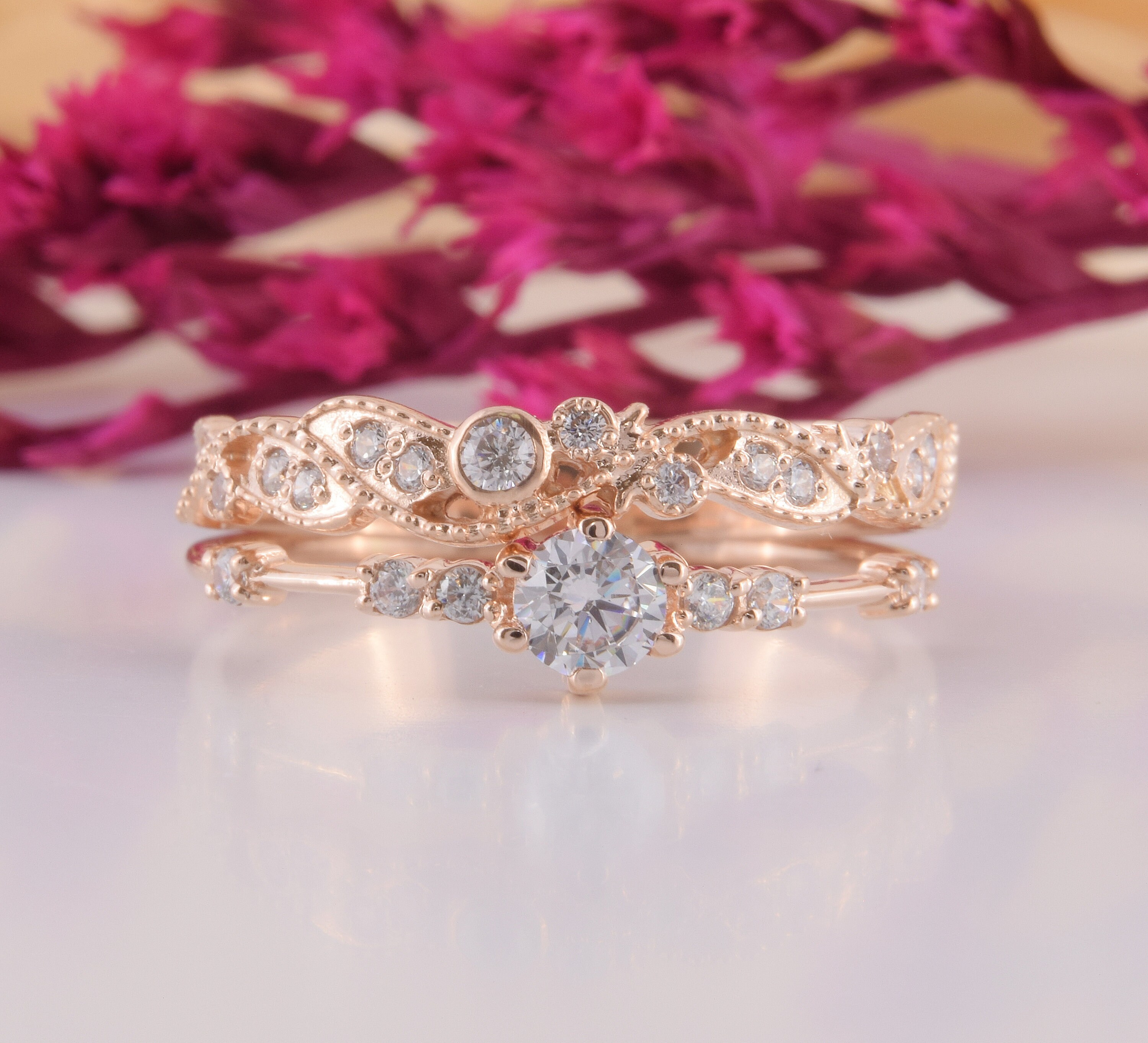 14k rose gold art deco womens wedding rings set, Unique antique wedding rings set, Dainty & filigree wedding rings set,Gold bridal rings set
