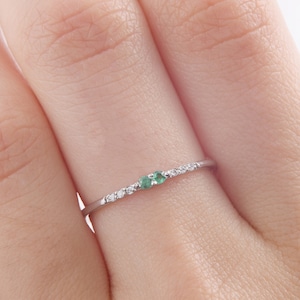 Small minimalist 14k white gold promise ring for her, Delicate small & dainty womens emerald ring, Thin tiny white gold emerald ring gift