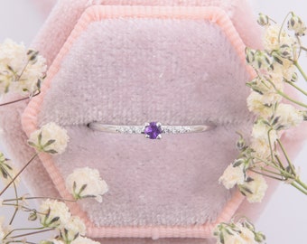 14k solid white gold amethyst promise ring for her,Small & dainty womens promise ring,Womens amethyst gold ring,Unique delicate promise ring