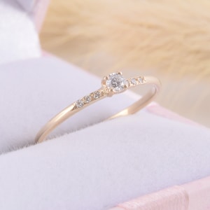 Small & dainty 14k yellow gold promise ring for her, Unique delicate minimalist womens promise ring, Small tiny gold cz engagement ring