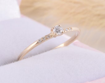 Small & dainty 14k yellow gold promise ring for her, Unique delicate minimalist womens promise ring, Small tiny gold cz engagement ring