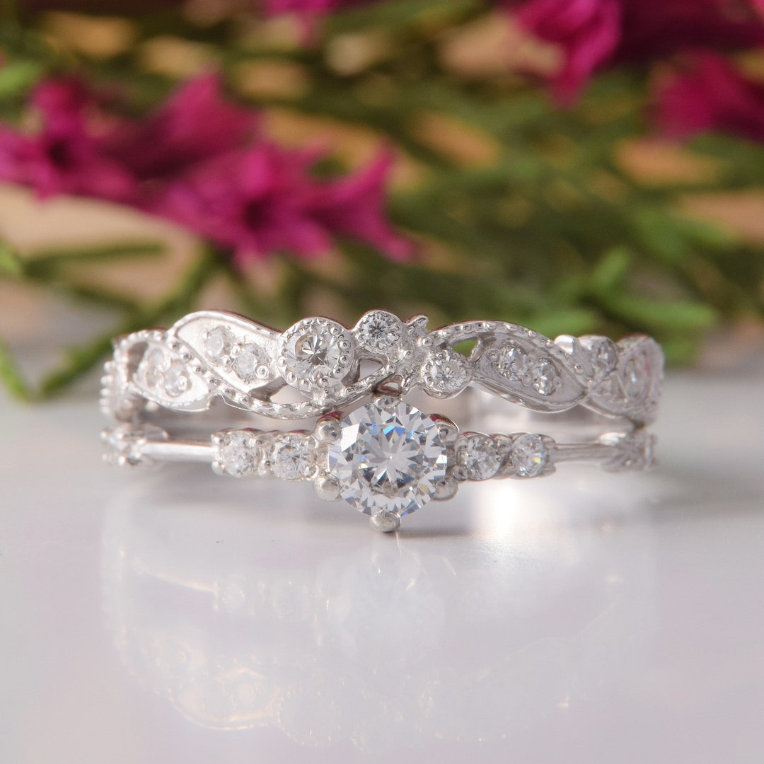Unique Silver Womens Wedding Rings Set, Art Deco Antique Wedding Rings ...