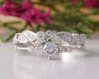 Unique silver womens wedding rings set, Art deco antique wedding rings women, Small & dainty wedding rings set, Silver victorian bridal set