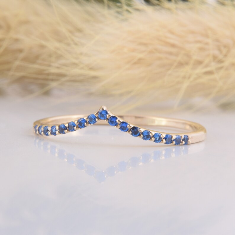 Unique small /& dainty V shaped curved sapphire wedding band Delicate minimalist 14k yellow gold blue sapphire womens chevron wedding band