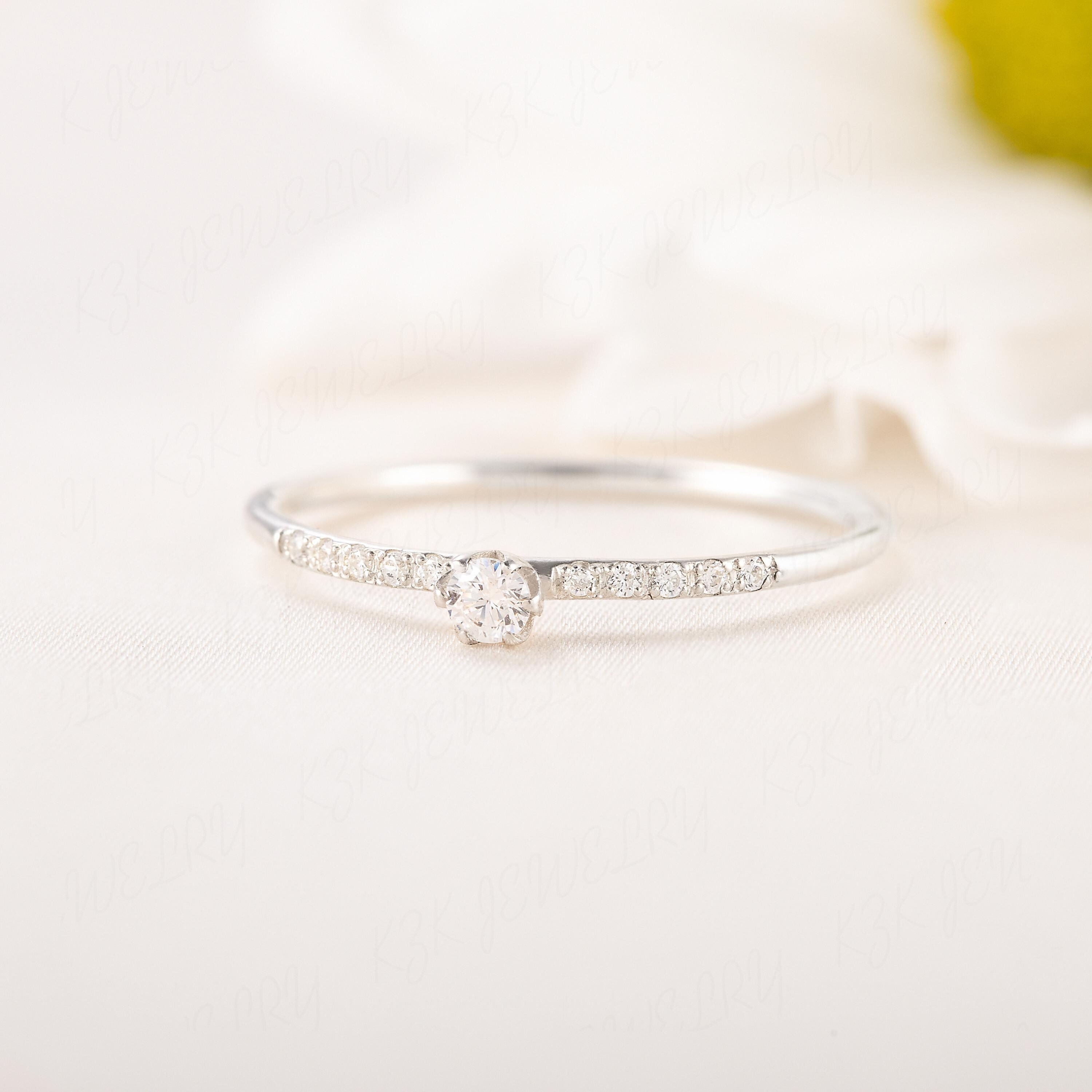 Women small elegant promise ring, Unique minimalist 14k white gold diamond cz promise ring for her, Dainty tiny diamond cz engagement ring