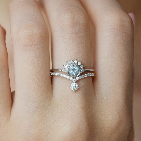 Conjunto de anillos de boda para mujer de oro blanco, conjunto de anillos  de boda de