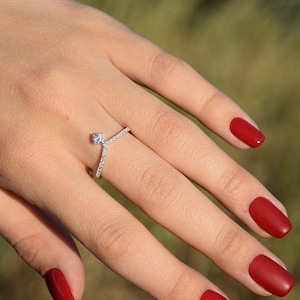Unique simple & dainty womens curved wedding band, V wedding band, Chevron wedding band, White cz silver wedding band for her, V silver ring