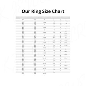 May include: A chart showing ring sizes in US, UK, and international sizes. The chart lists the circumference in millimeters, the diameter in millimeters, the US ring size, the UK ring size, and the international ring size.