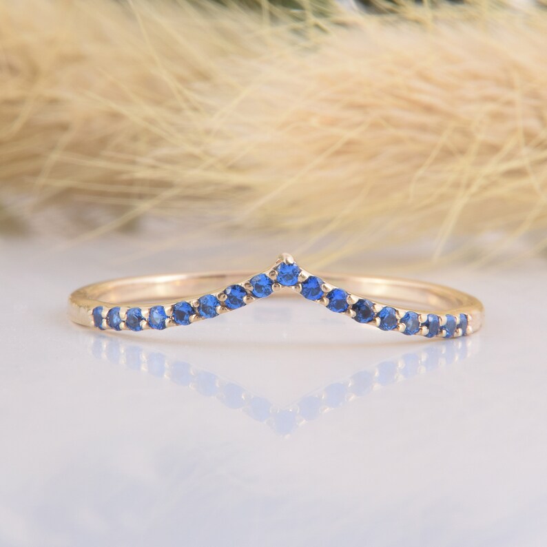 Unique small /& dainty V shaped curved sapphire wedding band Delicate minimalist 14k yellow gold blue sapphire womens chevron wedding band