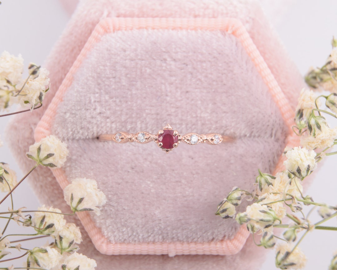 Small & Dainty 14k Rose Gold Vintage Style Art Deco Ruby Promise Ring ...