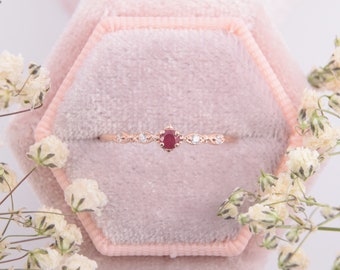 Small & dainty 14k rose gold vintage style art deco ruby promise ring for her, Unique tiny delicate victorian womens ruby engagement ring