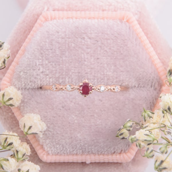 Small & dainty 14k rose gold vintage style art deco ruby promise ring for her, Unique tiny delicate victorian womens ruby engagement ring