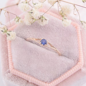 Small delicate antique style victorian blue sapphire womens engagement ring, 14k rose gold tiny & dainty blue sapphire promise ring for her