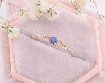 Small delicate antique style victorian blue sapphire womens engagement ring, 14k rose gold tiny & dainty blue sapphire promise ring for her